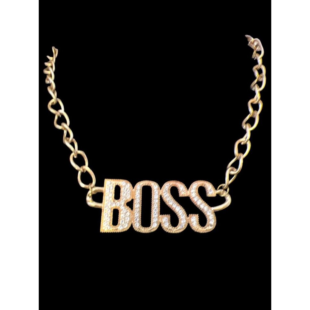 Large Link Gold Chain Necklace with BOSS Nameplate Pendant w Faux Diamonds 22 in